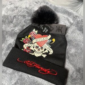 NWT Ed Hardy Love Kills Slowly Black‎ Pompom Beanie with embellishment.
